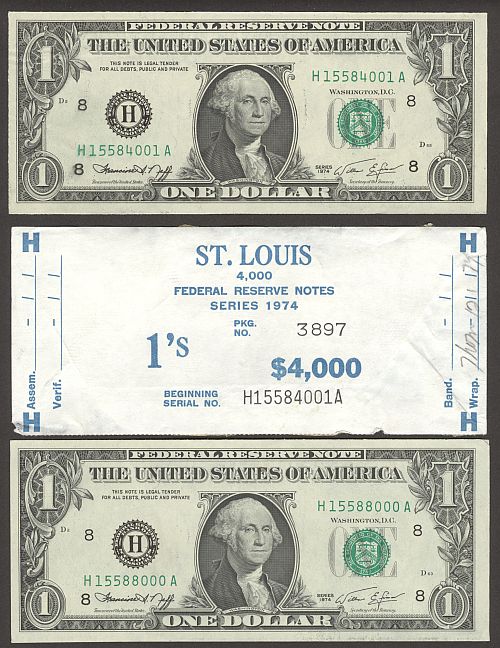 Fr.1908-H, 1974 $1 St. Louis Federal Reserve Notes - Ends of Brick, with Label, H-A Block